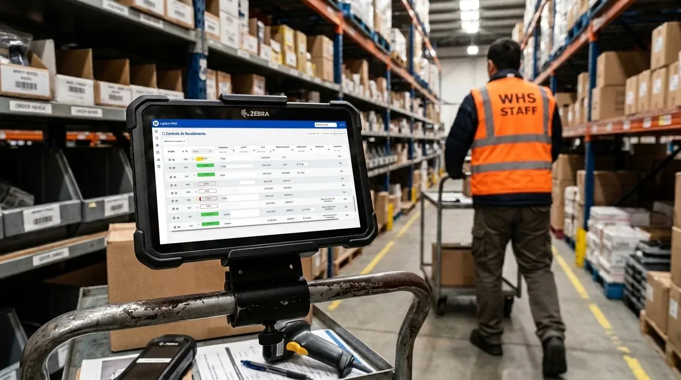 WMS para e-commerce: Fotografia em plano médio focando em um tablet robusto da marca Zebra acoplado à alça metálica de um carrinho de coleta (picking cart). A tela digital exibe um sistema de gerenciamento de estoque (WMS) com tabelas de controle e status de pedidos. Logo abaixo do tablet, encontram-se um leitor de código de barras manual em formato de gatilho e uma prancheta com papéis. Ao fundo, um funcionário de costas, vestindo calça cáqui e colete refletivo laranja com a inscrição "WHS STAFF", empurra um carrinho ao longo de um corredor formado por altas estantes industriais repletas de caixas de papelão.