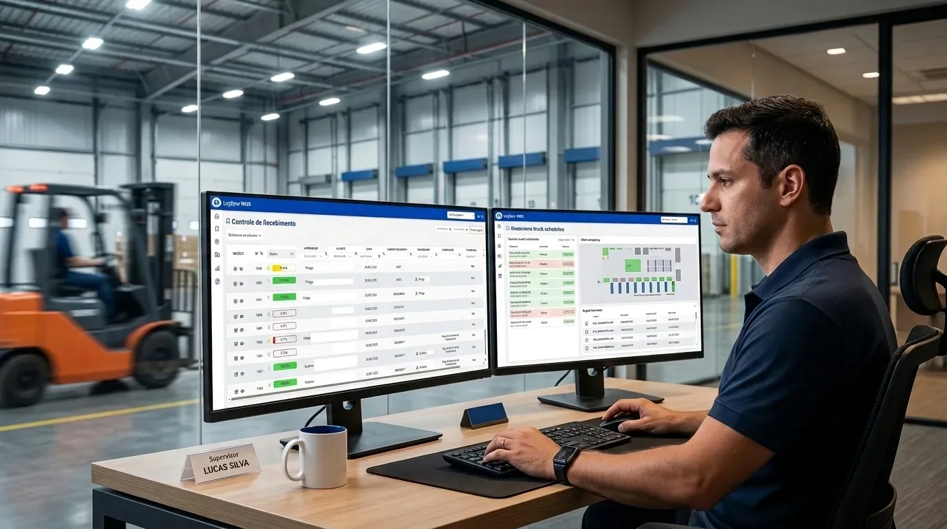 recebimento de mercadorias com WMS: Fotografia em plano médio de um supervisor de perfil, de cabelo escuro e camisa polo azul-marinho, trabalhando em sua mesa de escritório. Ele está concentrado em dois grandes monitores que exibem um software de logística com tabelas de "Controle de Recebimento", programações de docas e um mapa interno do armazém. Sobre a mesa de madeira clara, há uma caneca branca com borda azul e uma placa de identificação escrita "Supervisor LUCAS SILVA". Ao fundo, através de uma ampla divisória de vidro transparente, avista-se a área operacional do galpão com uma empilhadeira laranja em movimento.
