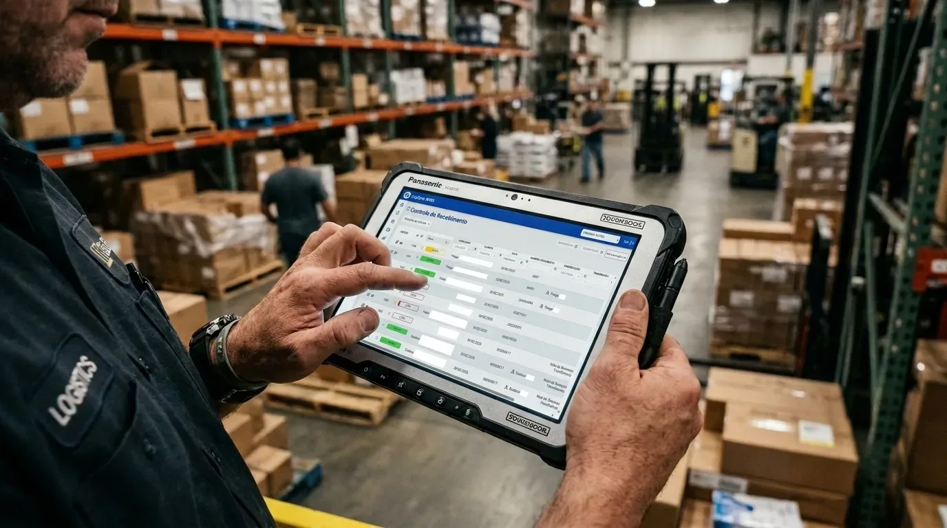 estratégia de picking WMS: Fotografia em primeiro plano focada nas mãos de um operador segurando um tablet robusto em uma carcaça protetora cinza e preta. O profissional veste um uniforme preto onde se lê o patch branco escrito "LOGISTICS" na manga. Seu dedo toca a tela digital, que exibe um software de gerenciamento de estoque com tabelas, status coloridos e campos de checagem. Ao fundo desfocado, vê-se a movimentação do armazém com caixas de papelão empilhadas e paletes de madeira.