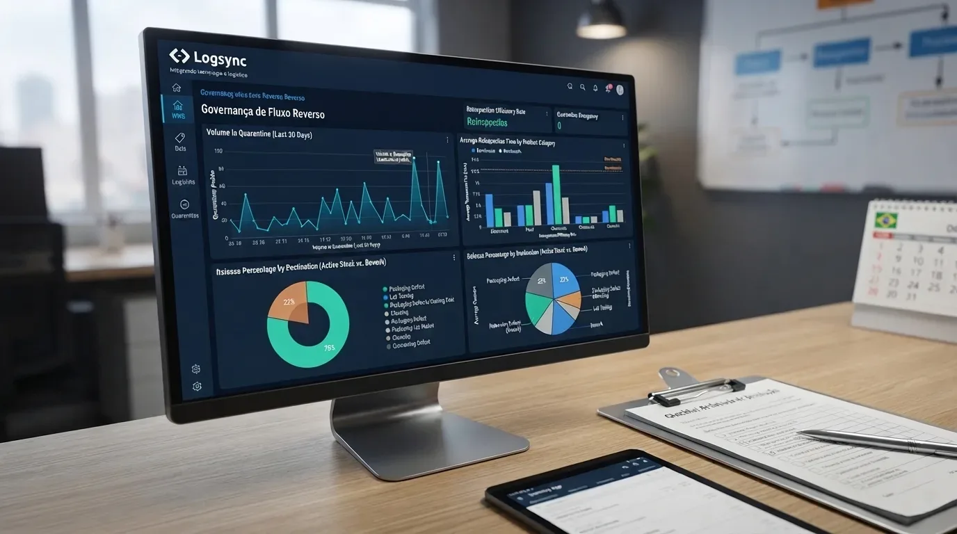 logística reversa no WMS: Um monitor de computador sobre uma mesa de escritório, exibindo o painel de controle do sistema Logsync intitulado "Governança de Fluxo Reverso". A tela do software exibe diversos gráficos para gestão de devoluções: um gráfico de linhas para "Volume in Quarantine", um gráfico de rosca colorida, um gráfico de barras por categoria e um gráfico de pizza para classificação de defeitos. Na mesa de madeira em primeiro plano, observam-se uma prancheta de inspeção com caneta, um tablet e um calendário de mesa com a bandeira do Brasil. Ao fundo, avista-se um quadro branco com fluxogramas operacionais.
