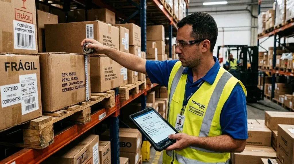 Plano médio de um operador logístico de óculos, vestindo camisa polo azul e colete refletivo amarelo de alta visibilidade com o crachá de identificação e o logotipo "TRANSLOG". Ele segura um terminal portátil de dados (coletor) em uma das mãos enquanto usa uma trena metálica para medir verticalmente a altura de uma caixa de papelão acomodada em um palete de madeira. As caixas de estoque ao seu redor exibem avisos impressos em letras pretas como "FRÁGIL", "CONTEÚDO: COMPONENTES" e detalhes de peso e dimensões. Ao fundo, vê-se o corredor do centro de distribuição com estruturas porta-paletes e uma empilhadeira distante.