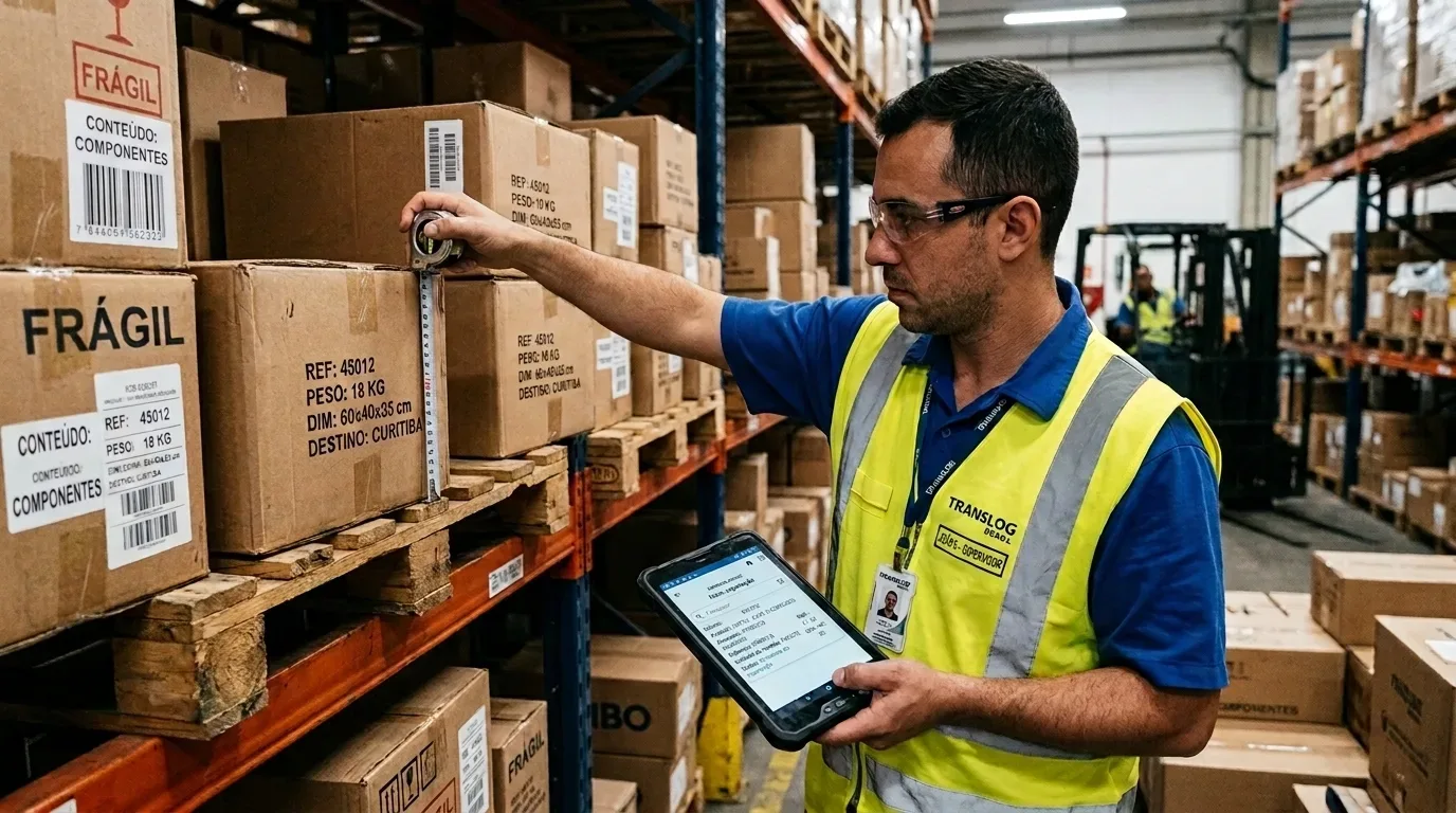 Plano médio de um operador logístico de óculos, vestindo camisa polo azul e colete refletivo amarelo de alta visibilidade com o crachá de identificação e o logotipo "TRANSLOG". Ele segura um terminal portátil de dados (coletor) em uma das mãos enquanto usa uma trena metálica para medir verticalmente a altura de uma caixa de papelão acomodada em um palete de madeira. As caixas de estoque ao seu redor exibem avisos impressos em letras pretas como "FRÁGIL", "CONTEÚDO: COMPONENTES" e detalhes de peso e dimensões. Ao fundo, vê-se o corredor do centro de distribuição com estruturas porta-paletes e uma empilhadeira distante.