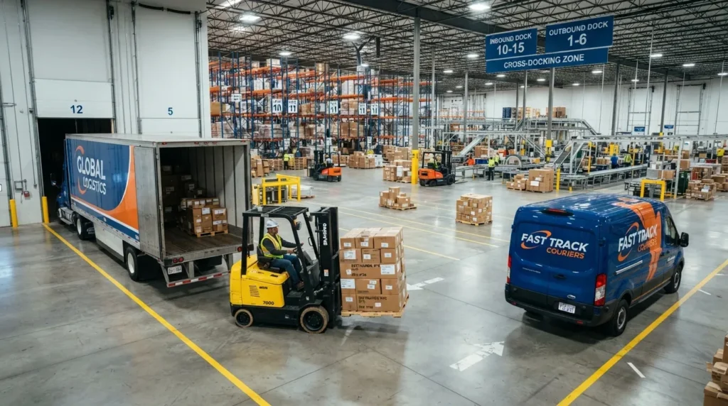 Fotografia realista em plano geral do interior de um grande centro de distribuição focado em uma operação de fluxo rápido. À esquerda, um caminhão de carga com a identidade visual "GLOBAL LOGISTICS" está estacionado em uma doca com as portas traseiras abertas, revelando caixas em seu interior. No centro, um operador vestindo capacete e colete de alta visibilidade conduz uma empilhadeira amarela que transporta um palete carregado de caixas de papelão. À direita, uma van de entregas azul da "FAST TRACK COURIERS" aguarda o carregamento. Placas azuis suspensas no teto identificam as áreas do galpão como "INBOUND DOCK 10-15", "OUTBOUND DOCK 1-6" e "CROSS-DOCKING ZONE". Ao fundo, veem-se racks altos de estoque e sistemas de esteiras transportadoras.
