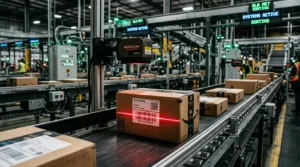 Fotografia em close-up de uma linha de triagem automatizada de alta velocidade em um centro de distribuição de e-commerce. Uma caixa de papelão com uma etiqueta que traz a especificação "SLA: Priority" e o código de barras avança por uma esteira de roletes. Um sensor óptico fixo industrial Microscan, montado logo acima do trilho, projeta um feixe de laser vermelho brilhante e horizontal diretamente sobre o código de barras para rastreamento em tempo real. O plano de fundo revela um complexo sistema de esteiras interligadas e painéis digitais suspensos com os avisos luminosos "SLA MET SORTING" e "SYSTEMS ACTIVE SORTING".